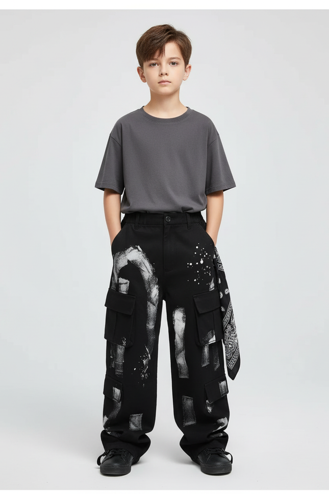 Pantalon Cargo Noir Ample Graffiti Garçon - Toile