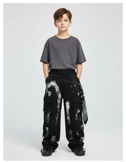 Pantalon Cargo Noir Ample Graffiti Garçon - Toile