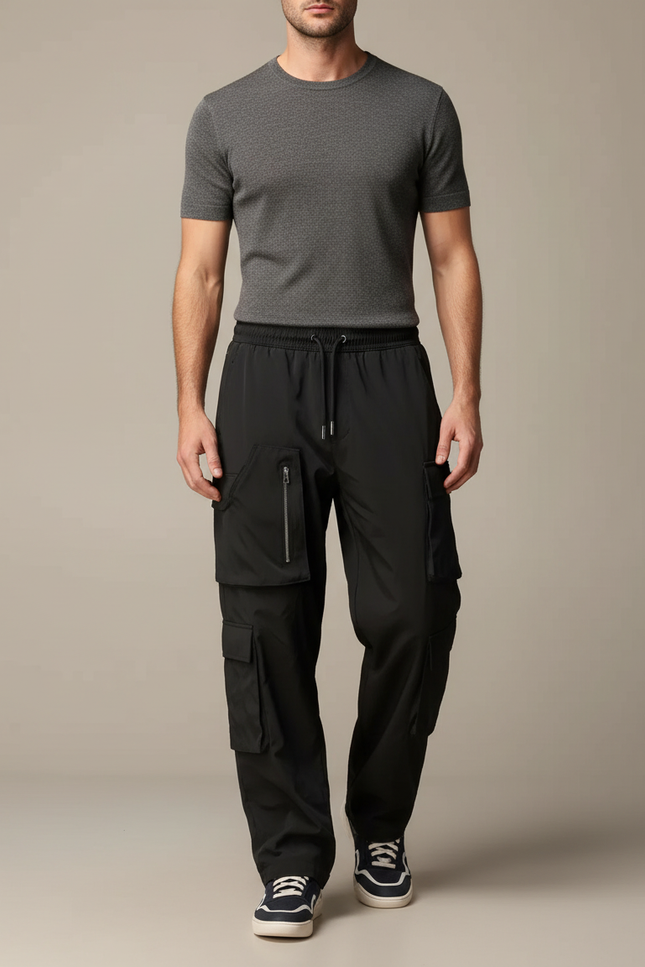 Pantalon Cargo Noir Multipoches Zippées Sport Homme - Polyester