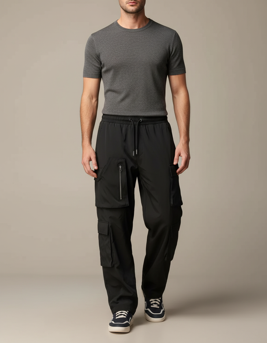 Pantalon Cargo Noir Multipoches Zippées Sport Homme - Polyester