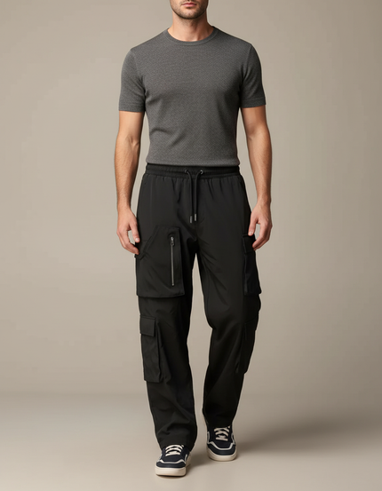 Pantalon Cargo Noir Multipoches Zippées Sport Homme - Polyester