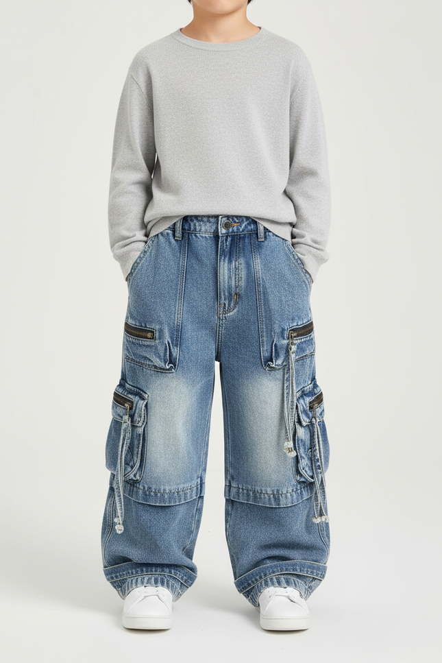 Pantalon Cargo Denim Ample Multipoches Enfant Style Coréen - Bleu Jean