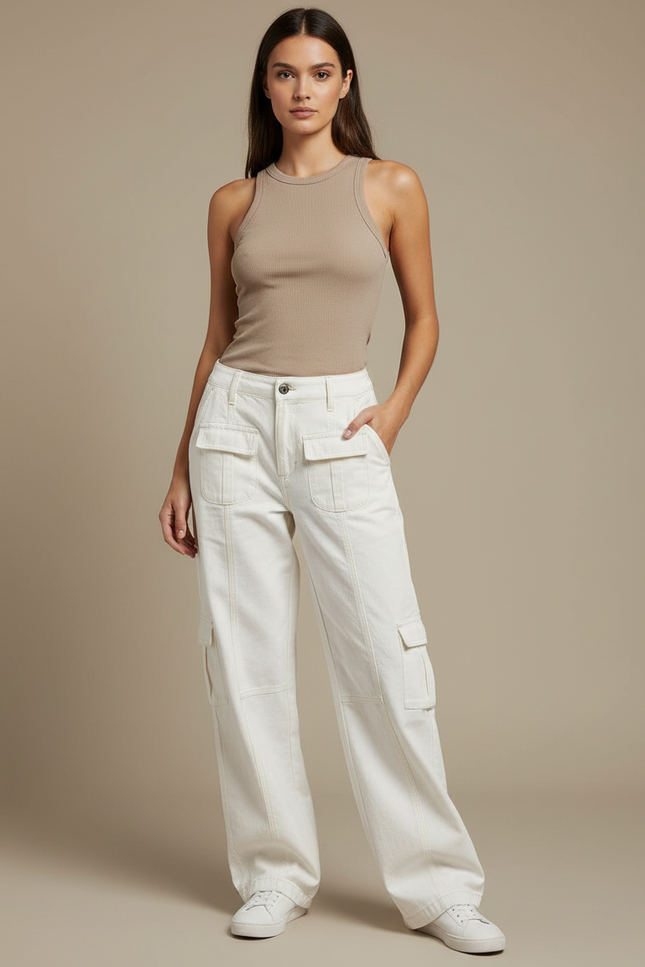 Pantalon Cargo Blanc Cassé Ample Poches Femme - Jean