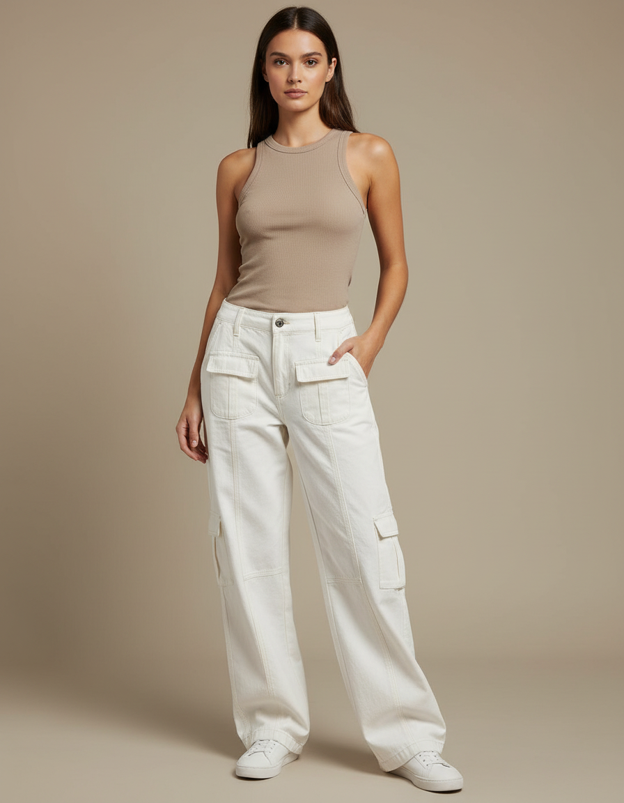 Pantalon Cargo Blanc Cassé Ample Poches Femme - Jean