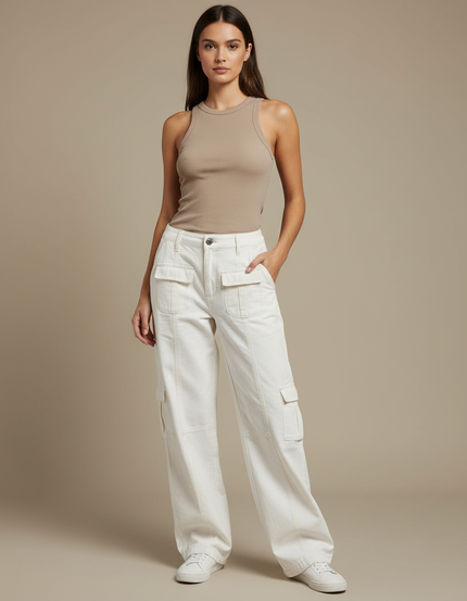 Pantalon Cargo Blanc Cassé Ample Poches Femme - Jean
