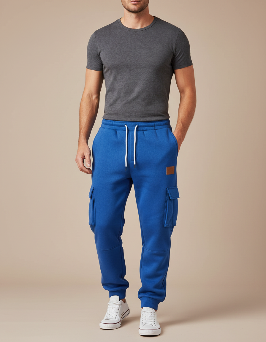 Pantalon Cargo Bleu Ample Multi-Poches Décontracté Homme - Molleton