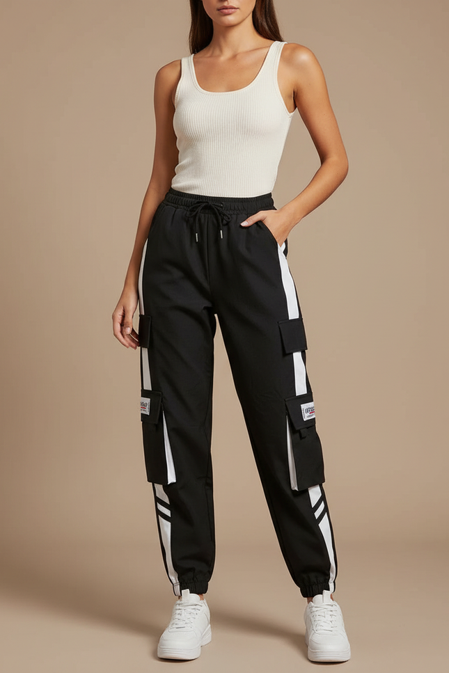 Pantalon Cargo Noir Rayures Blanches Multipoches Femme - Polyester