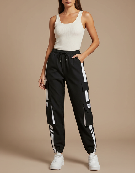 Pantalon Cargo Noir Rayures Blanches Multipoches Femme - Polyester