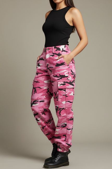 Pantalon Cargo Camouflage Rose Ample Femme - Toile