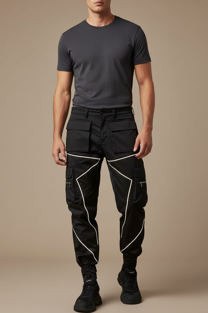 Pantalon Cargo Noir Réfléchissant Jogger Multipoches Homme - Polyester
