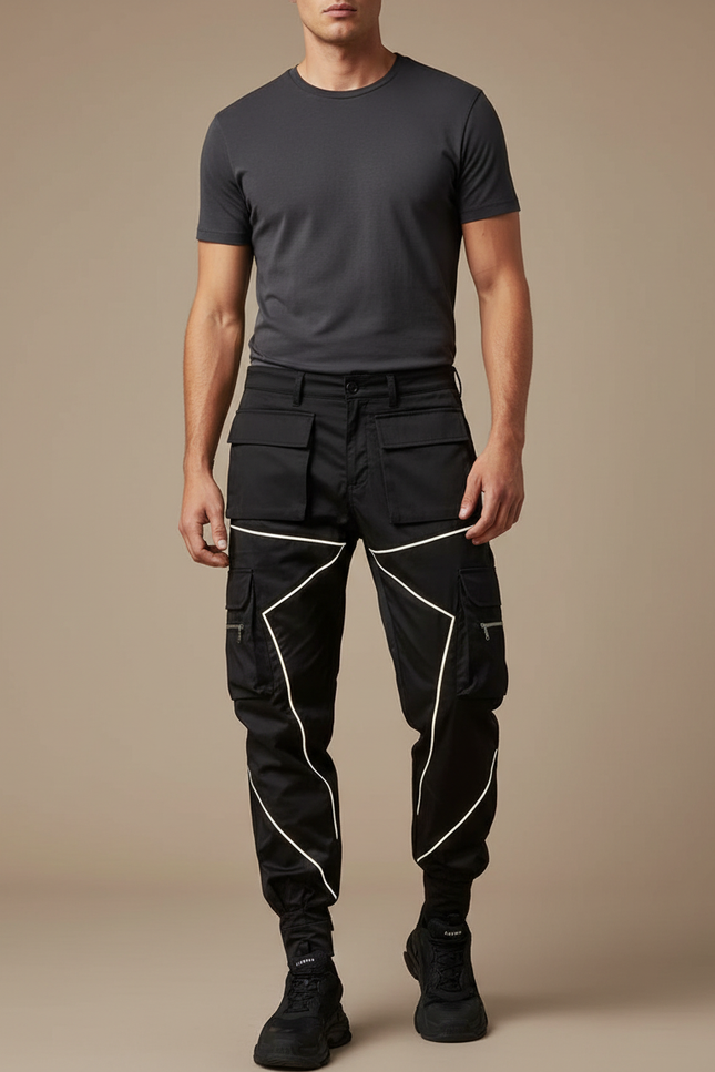 Pantalon Cargo Noir Réfléchissant Jogger Multipoches Homme - Polyester