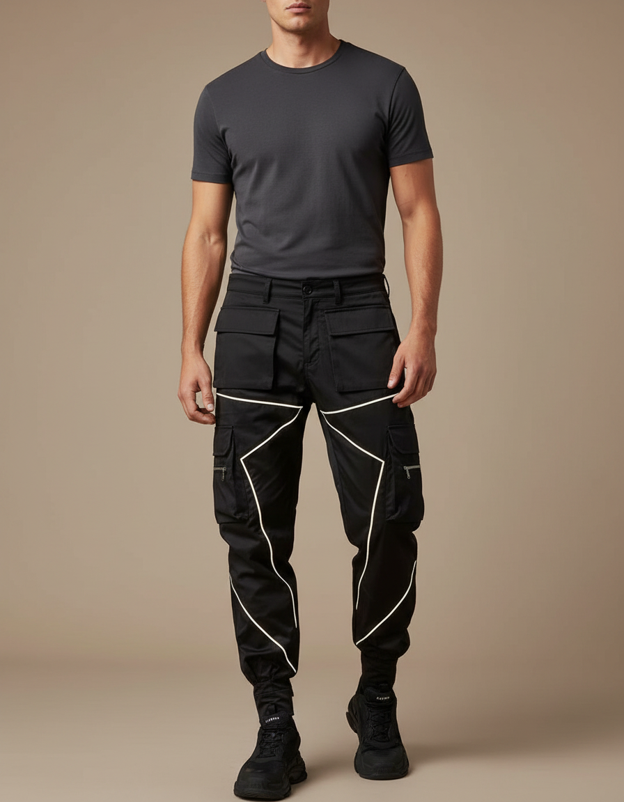 Pantalon Cargo Noir Réfléchissant Jogger Multipoches Homme - Polyester