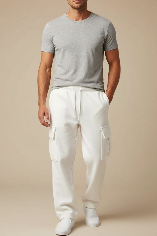 Pantalon Cargo Blanc Ample Molletonné Homme Décontracté