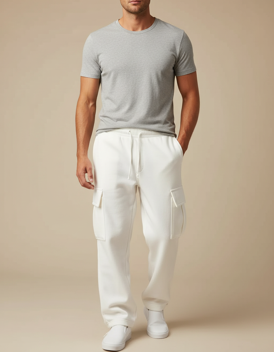 Pantalon Cargo Blanc Ample Molletonné Homme Décontracté