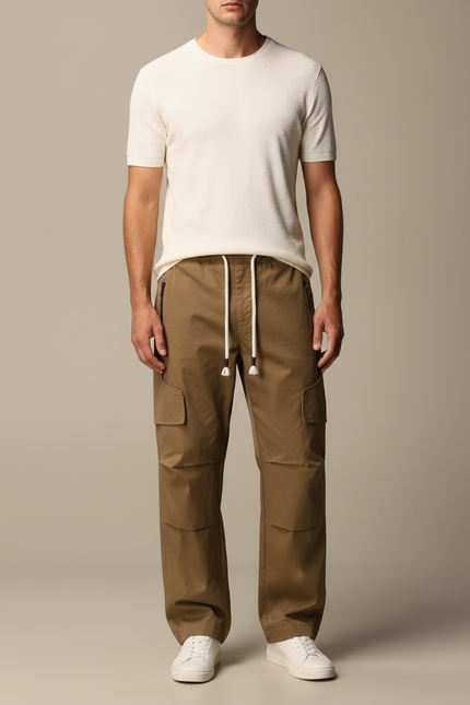 Pantalon Cargo Kaki Coton Ample Décontracté Multipoches