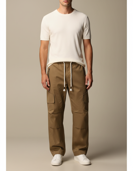 Pantalon Cargo Kaki Coton Ample Décontracté Multipoches