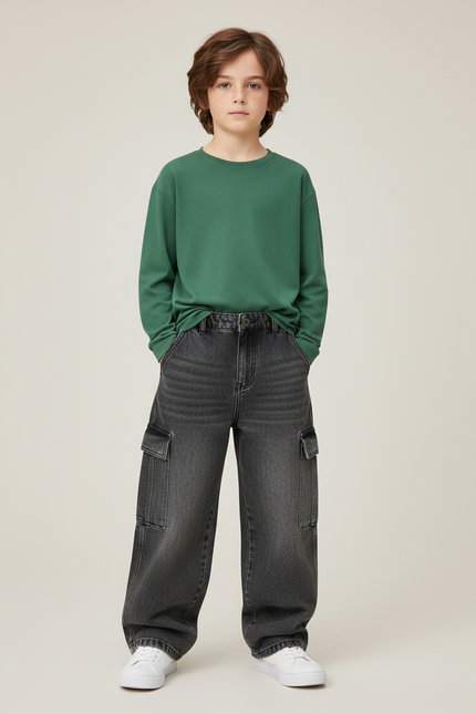 Pantalon Cargo Jean Ample Gris Multipoches Enfant