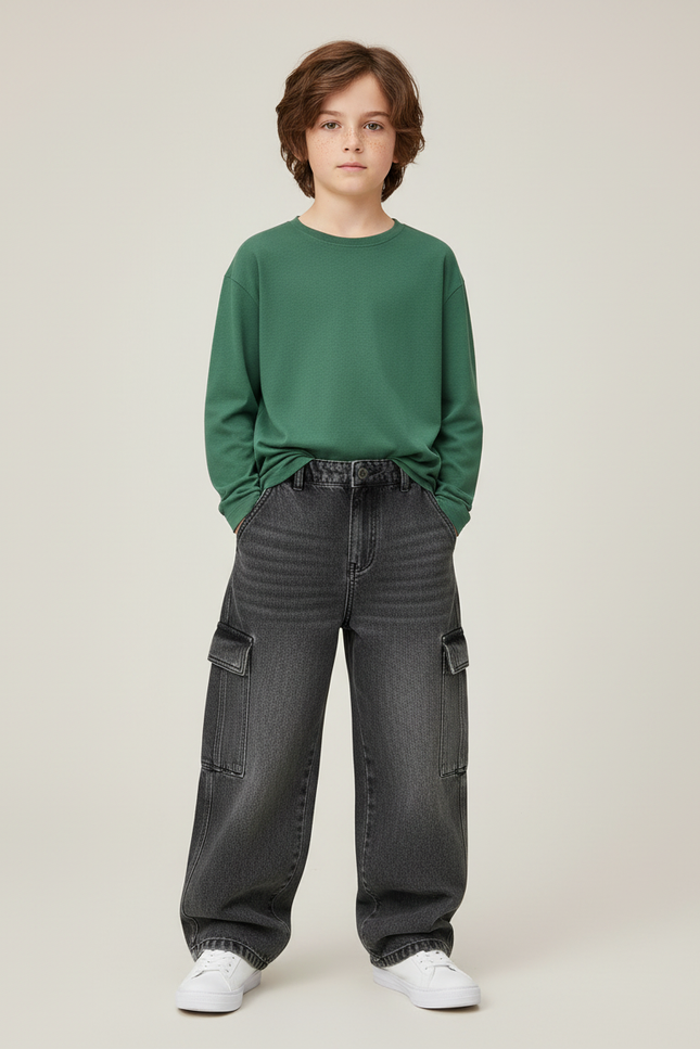 Pantalon Cargo Jean Ample Gris Multipoches Enfant