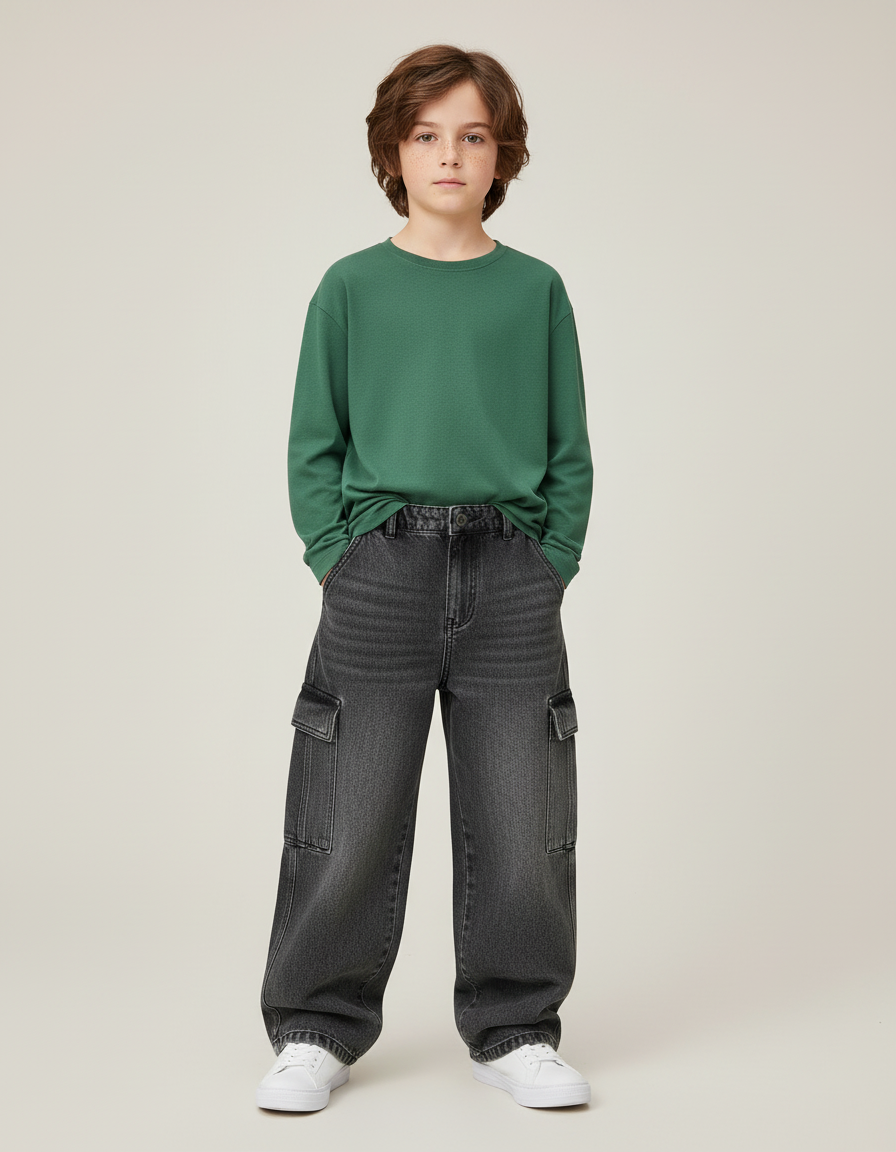 Pantalon Cargo Jean Ample Gris Multipoches Enfant