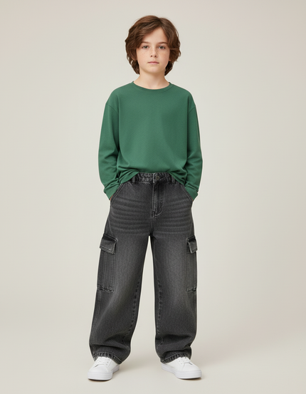 Pantalon Cargo Jean Ample Gris Multipoches Enfant