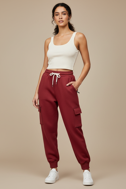 Pantalon Cargo Molletonné Rouge Cordon Poches Latérales Femme - Bordeaux