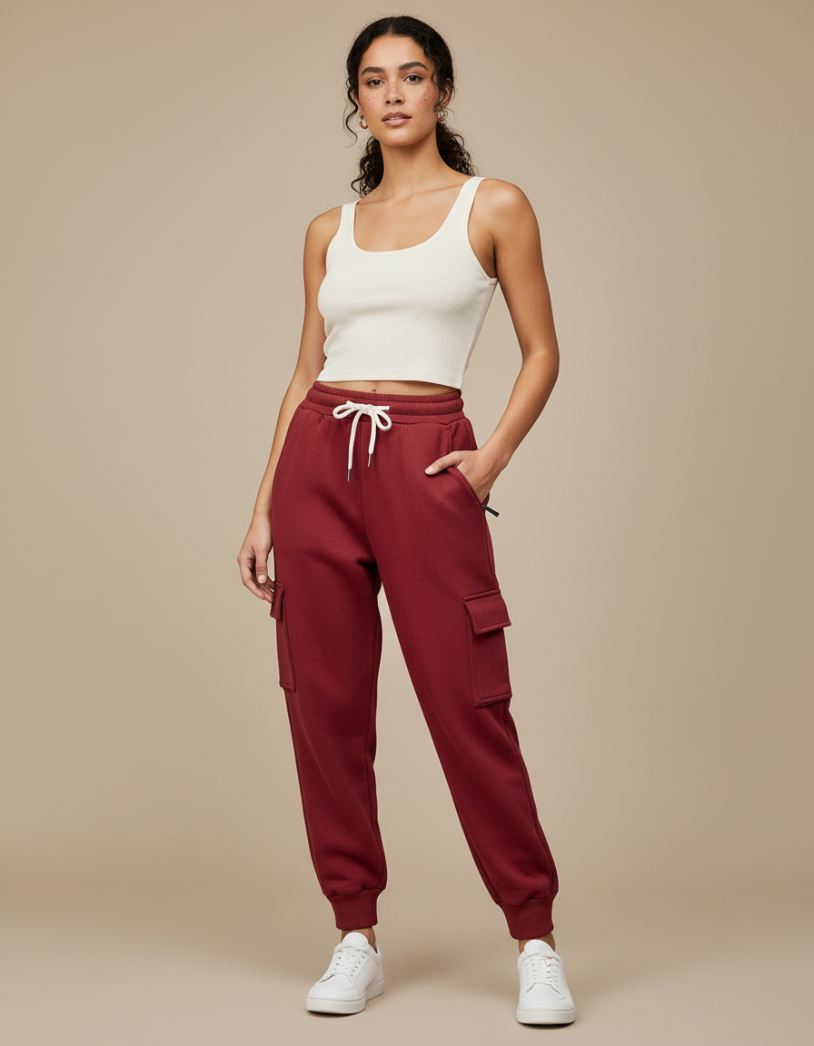 Pantalon Cargo Molletonné Rouge Cordon Poches Latérales Femme - Bordeaux