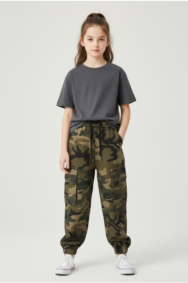 Pantalon Cargo Camouflage Ample Sportif Enfant - Kaki Toile