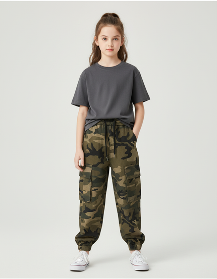 Pantalon Cargo Camouflage Ample Sportif Enfant - Kaki Toile