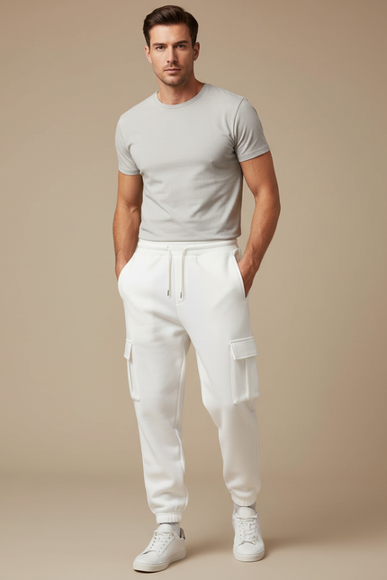 Pantalon Cargo Blanc Molleton Ample Multipoches Homme