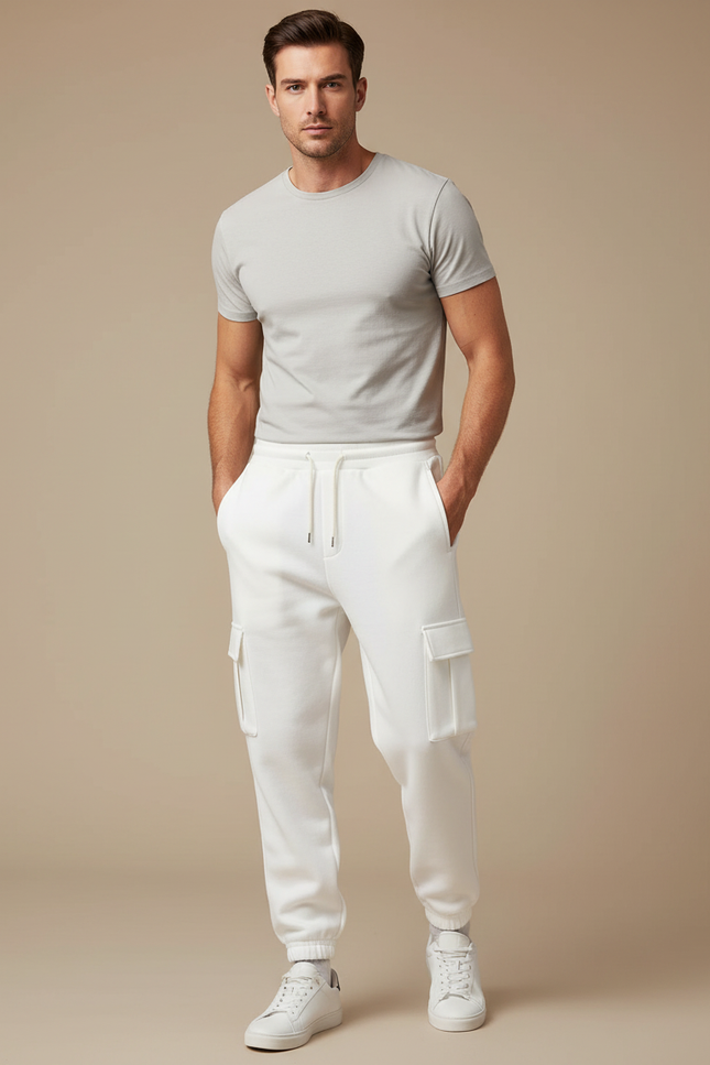 Pantalon Cargo Blanc Molleton Ample Multipoches Homme