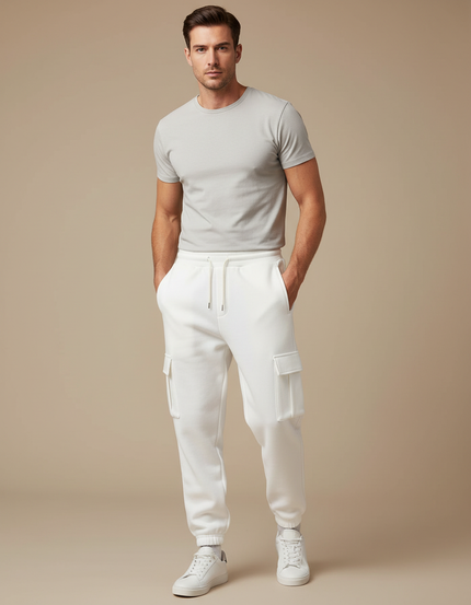 Pantalon Cargo Blanc Molleton Ample Multipoches Homme