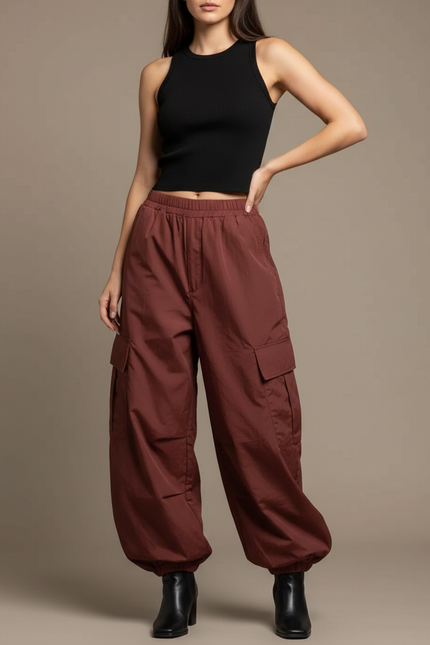 Pantalon Cargo Marron Ample Femme Multipoches - Polyester
