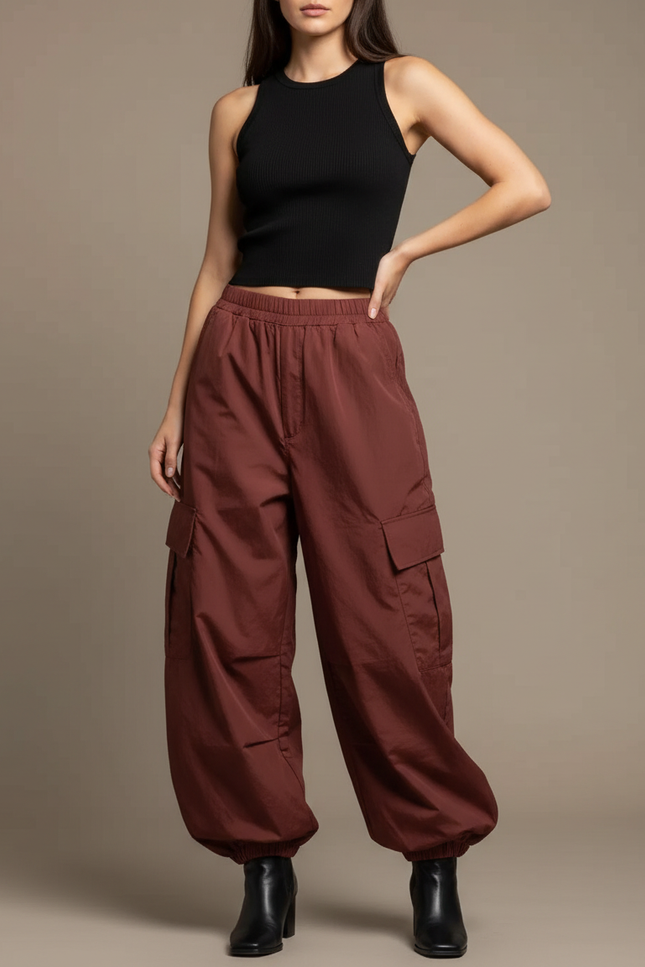 Pantalon Cargo Marron Ample Femme Multipoches - Polyester