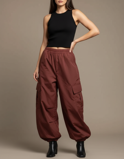 Pantalon Cargo Marron Ample Femme Multipoches - Polyester
