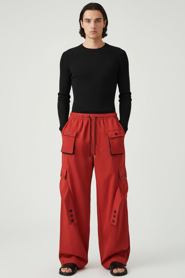 Pantalon Cargo Rouge Ample Multi-Poches Homme - Toile