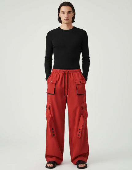 Pantalon Cargo Rouge Ample Multi-Poches Homme - Toile