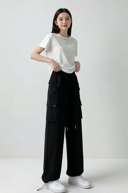 Pantalon Cargo Noir Ample Décontracté Poches Femme - Polyester