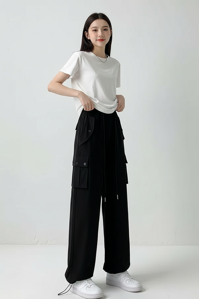 Pantalon Cargo Noir Ample Décontracté Poches Femme - Polyester