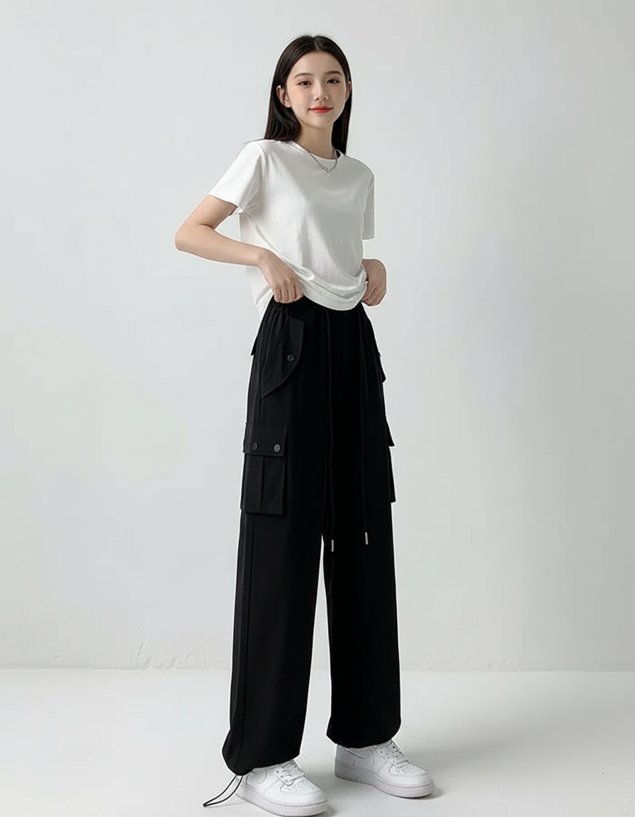 Pantalon Cargo Noir Ample Décontracté Poches Femme - Polyester