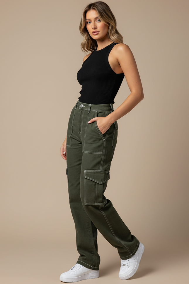 Pantalon Cargo Vert Militaire Ample Surpiqûres Blanches - Kaki Toile