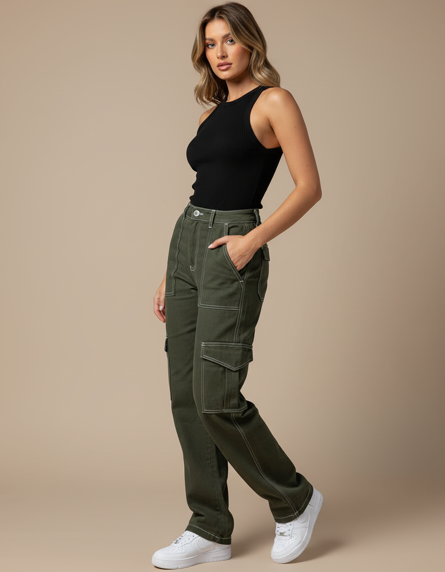 Pantalon Cargo Vert Militaire Ample Surpiqûres Blanches - Kaki Toile