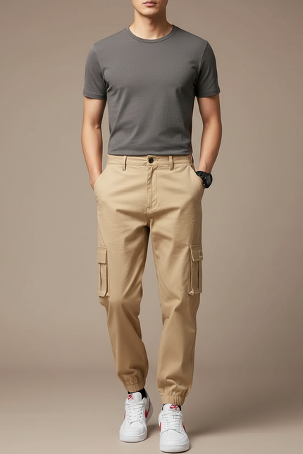 Pantalon Cargo Bas Resserré - Beige Coton
