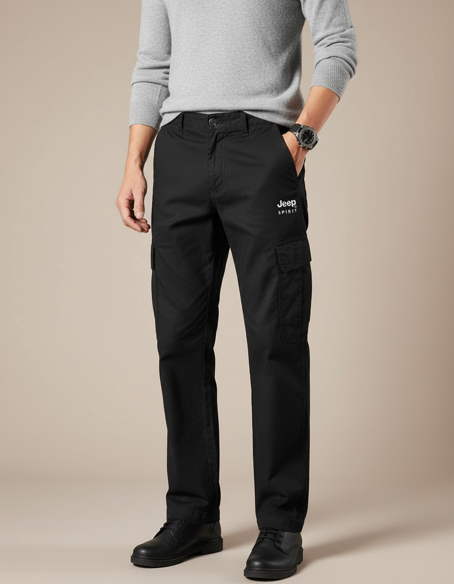 Pantalon Cargo Noir Coton Multipoches Ample Décontracté Homme