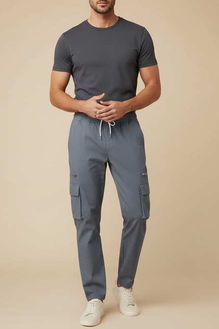 Pantalon Cargo Homme Gris Décontracté Cordon Multi-Poches - Gabardine