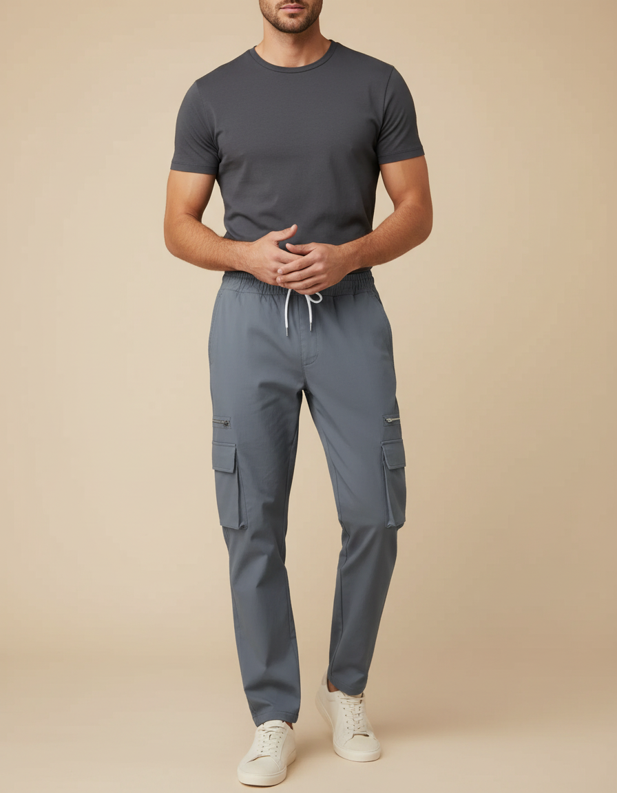 Pantalon Cargo Homme Gris Décontracté Cordon Multi-Poches - Gabardine