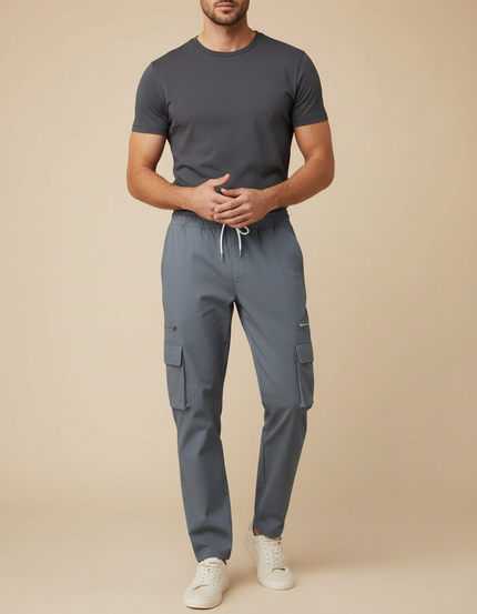 Pantalon Cargo Homme Gris Décontracté Cordon Multi-Poches - Gabardine