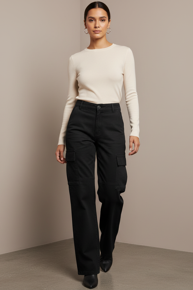 Pantalon Cargo Noir Ample Poches Femme - Gabardine