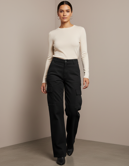 Pantalon Cargo Noir Ample Poches Femme - Gabardine