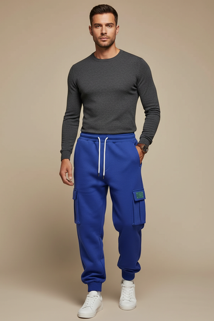 Pantalon Cargo Bleu Royal Molletonné Ample Multi-Poches Homme