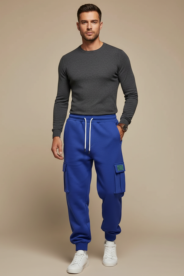 Pantalon Cargo Bleu Royal Molletonné Ample Multi-Poches Homme
